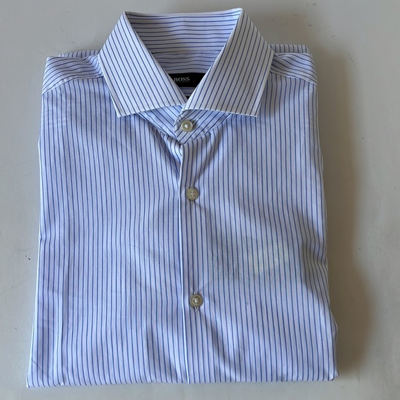 Boss Hugo Boss Dress Shirt Sharp Fit Blue White Stripe 15 32/33 New - Picture 11 of 12